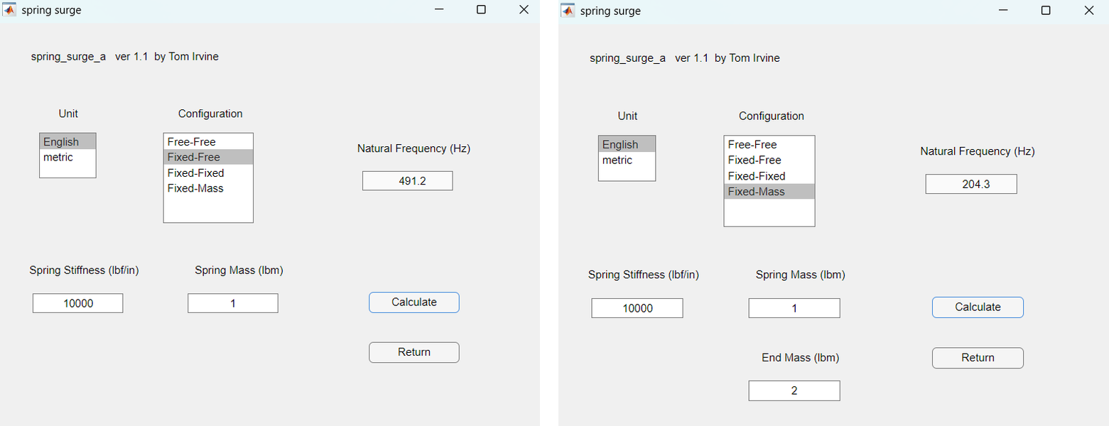 Vibrationdata spring surge GUI, fixed-free and fixed-mass cases
